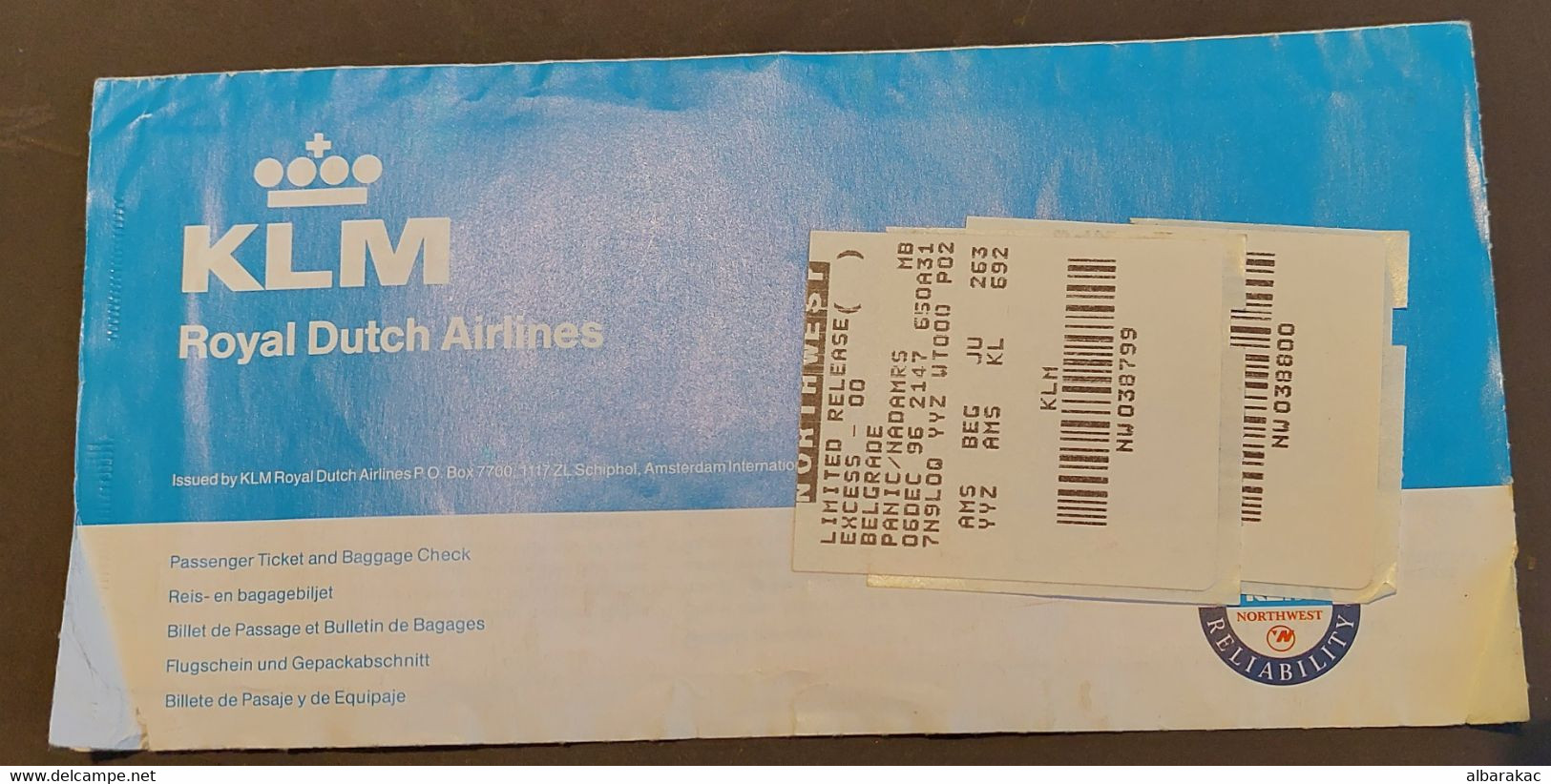 KLM Air Royal Dutch - Belgrade Amsterdam Toronto - Baggage Claim Check , Cover , Ticket - Biglietti