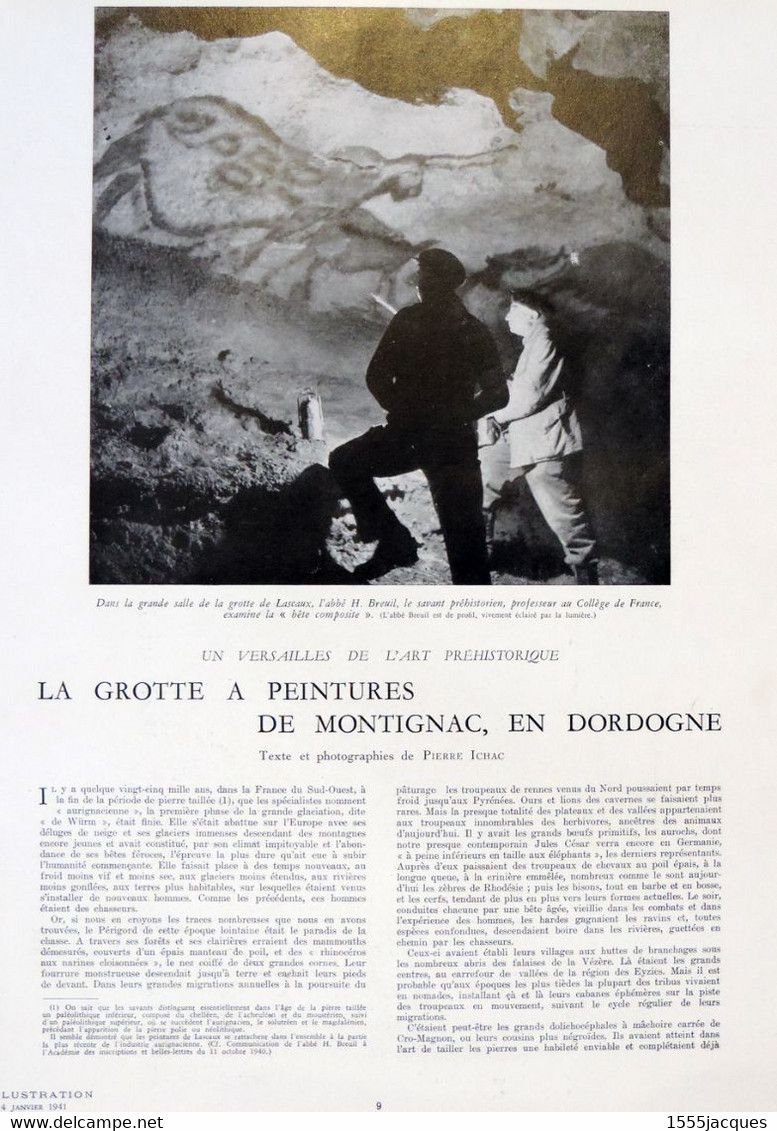 L'ILLUSTRATION N° 5104 04-01-1941 DÉCOUVERTE LASCAUX MONTIGNAC PAUL THOMAS ART RUPESTRE ABBÉ BREUIL LILLE BICYCLETTE