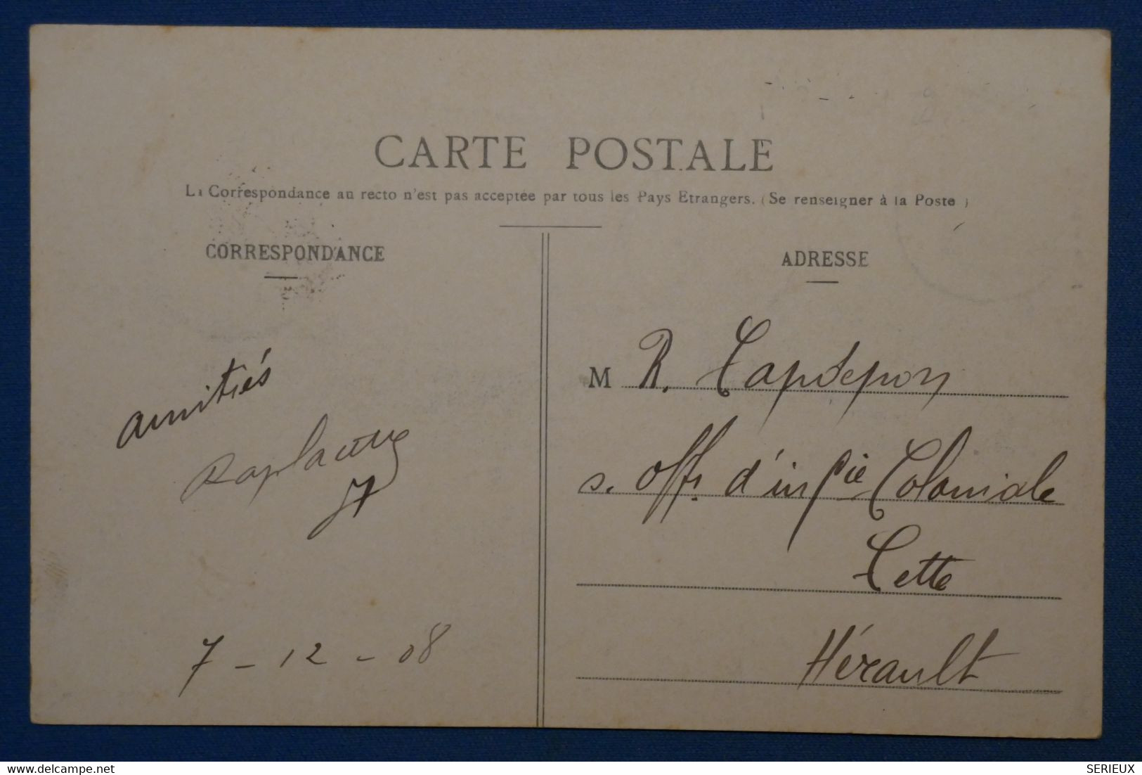 AK16 MAROC  BELLE CARTE  1908  TRESOR DES POSTES   POUR CETE FRANCE +++SURCHARGE ROUGE + AFFRANCH. INTERESSANT - Marruecos Español