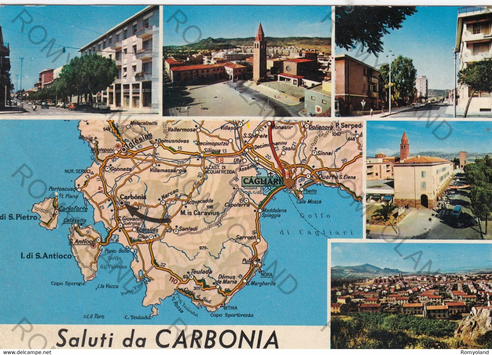 CARTOLINA  SALUTI DA CARBONIA,SARDEGNA,ISOLA,BELLA ITALIA,STORIA,RELIGIONE,CULTURA,IMPERO ROMANO,VIAGGIATA 1981 - Carbonia