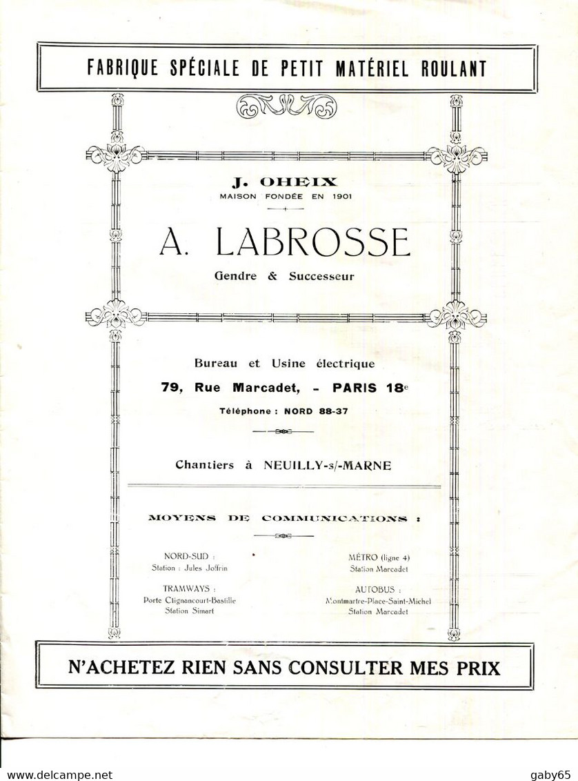 PARIS.NEUILLY SUR MARNE.FABRIQUE SPECIALE DE PETIT MATERIEL ROULANT.A.LABROSSE. - Non Classés