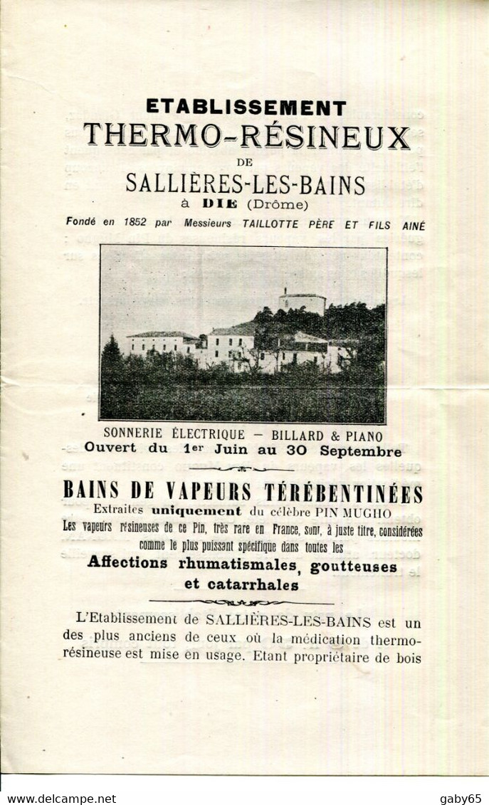 26.DROME.DIE.SALLIERES LES BAINS.ETABLISSEMENT THERMO-RESINEUX.TAILLOTTE PERE & FILS AINE. - Non Classés