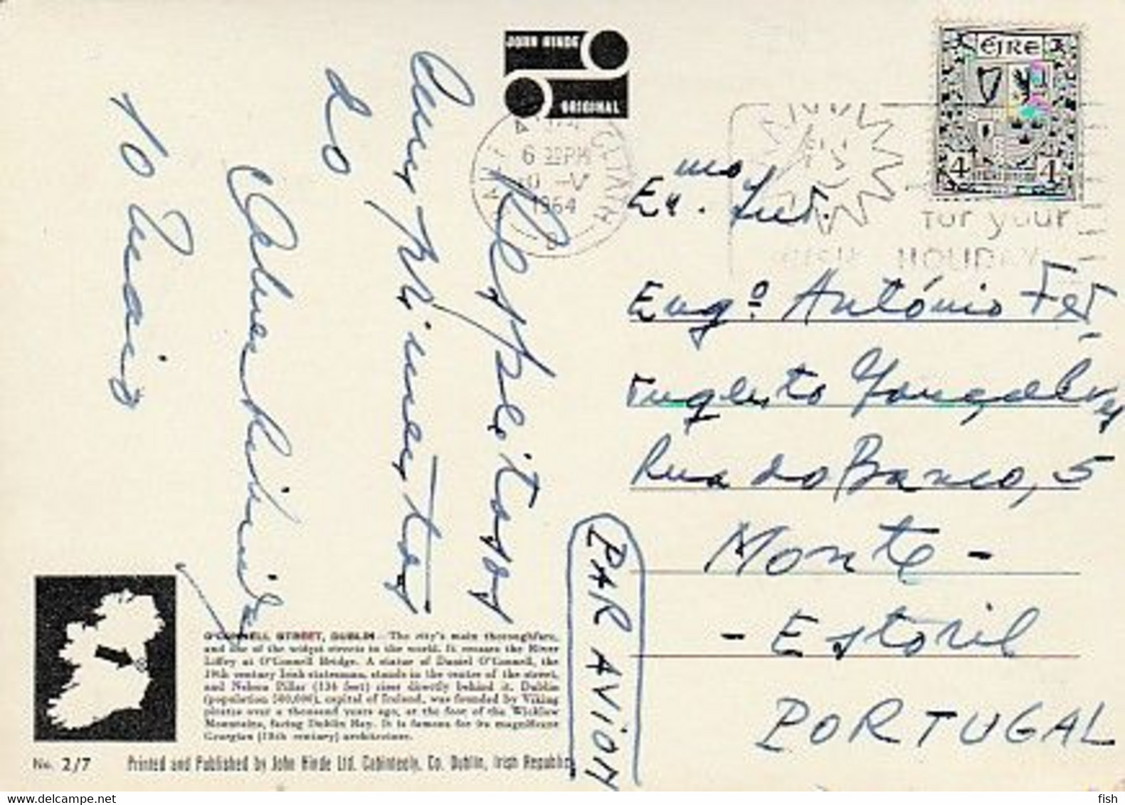 Ireland & Marcofilia, Dublin, O Connell Street And Bridge Showing Nelson S Pillar, Monte Estoril Portugal 1964 (5418) - Lettres & Documents