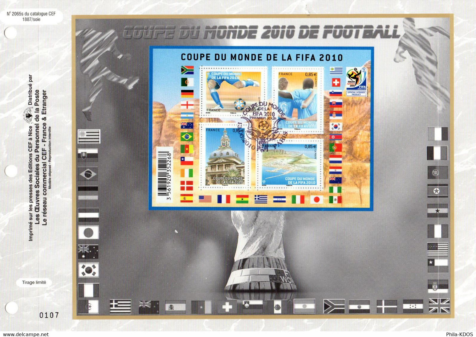 &#9917; " COUPE DU MONDE DE FOOTBALL EN AFRIQUE DU SUD " Sur Feuillet CEF 1°Jour Sur Soie  De 2010. N° YT F4481. FDC - 2010 – South Africa