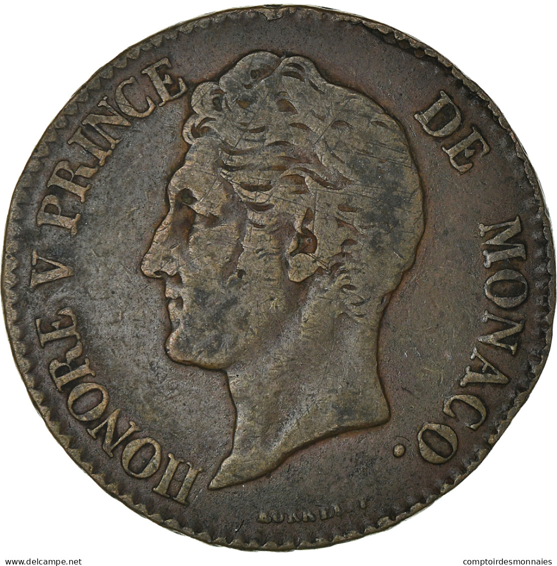 Monnaie, Monaco, Honore V, 5 Centimes, Cinq, 1837, Monaco, TB+, Cast Brass - 1819-1922 Onorato V, Carlo III, Alberto I