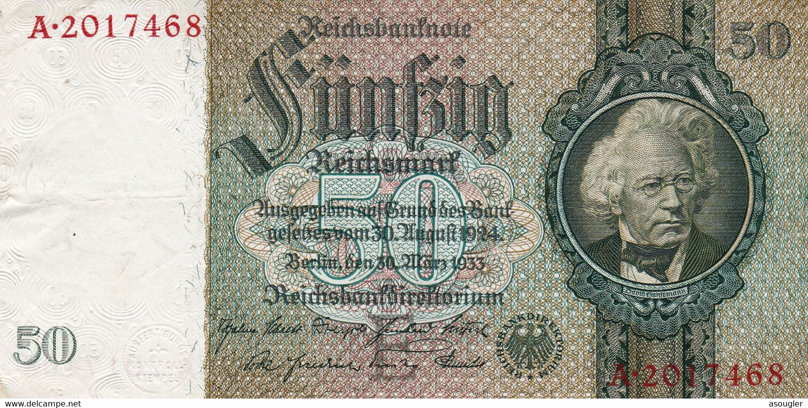 Germany 50 Reichsmark 1933 VF P-182a "free Shipping Via Registered Air Mail" - 100 Reichsmark