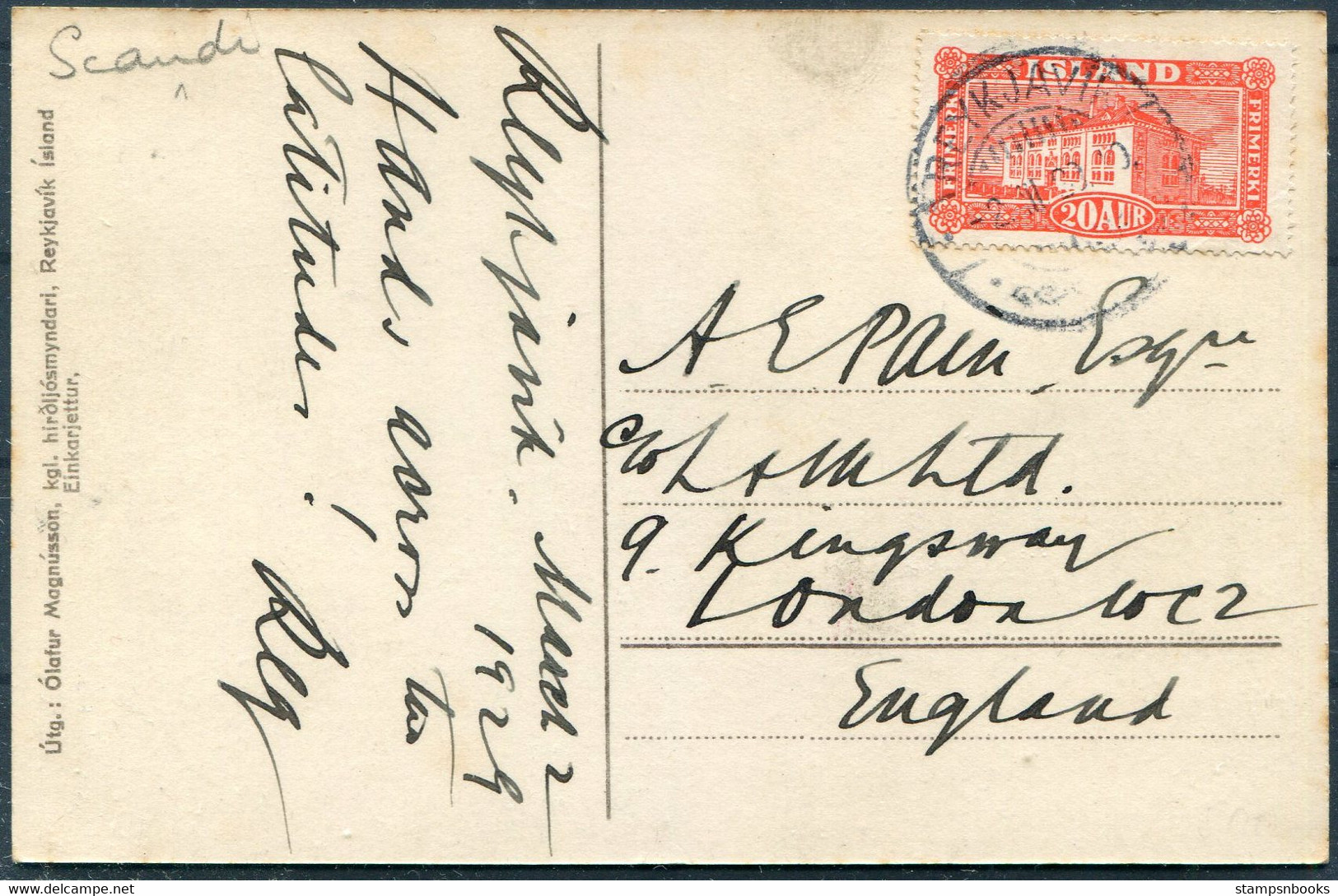 1929 Iceland 20 Aur View, Langjökull Jarlhettur Postcard Reykjavik - London England - Briefe U. Dokumente