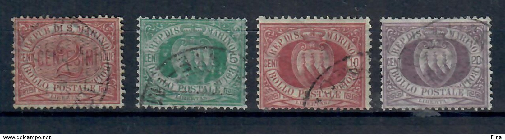 SAN MARINO 1894/99 - CIFRA O STEMMA - 2 C CARMINIO. 5 C. VERDE 10 C. ROSSO BRUNO  20 C. LILLA - USATI - Usados