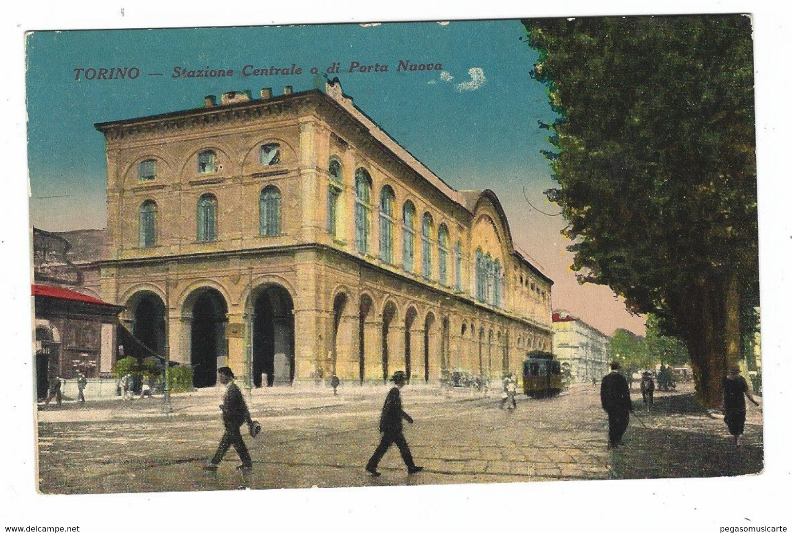 13732 CLC - TORINO STAZIONE CENTRALE O DI PORTA NUOVA ANIMATA TRAM DISEGNATA COLORATA 1923 - Stazione Porta Nuova