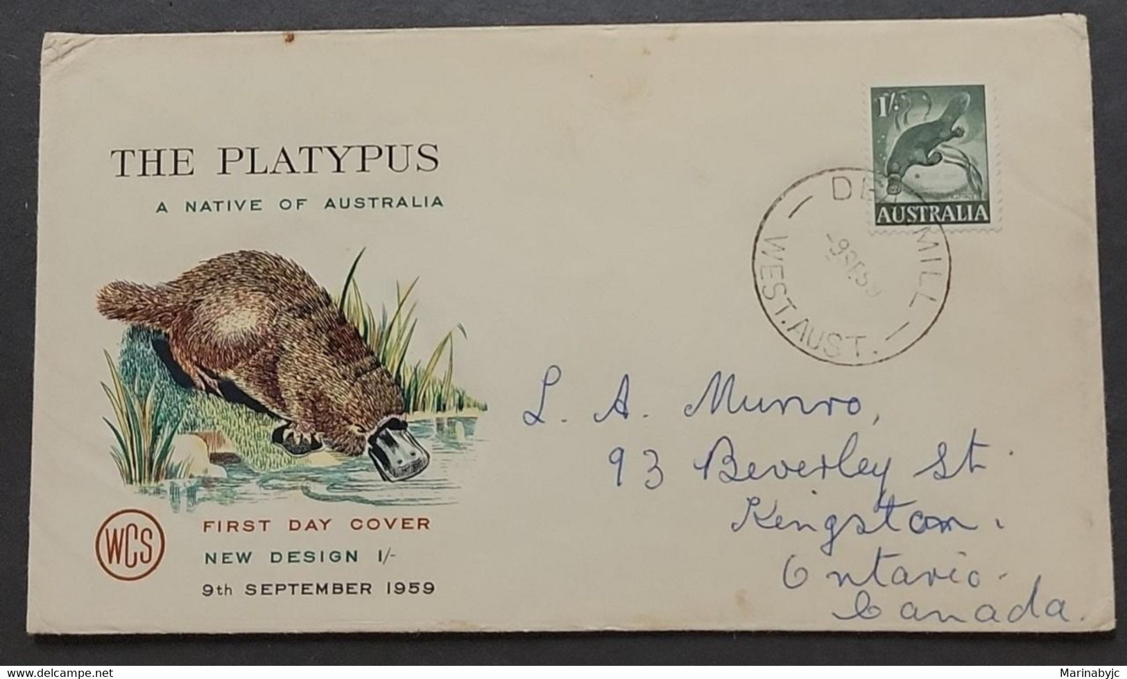 SP) 1959 AUSTRALIA, PLATYPUS NATIVE TO AUSTRALIA, ANIMAL, FDC, CIRCULATED TO CANADA, XF - Other & Unclassified