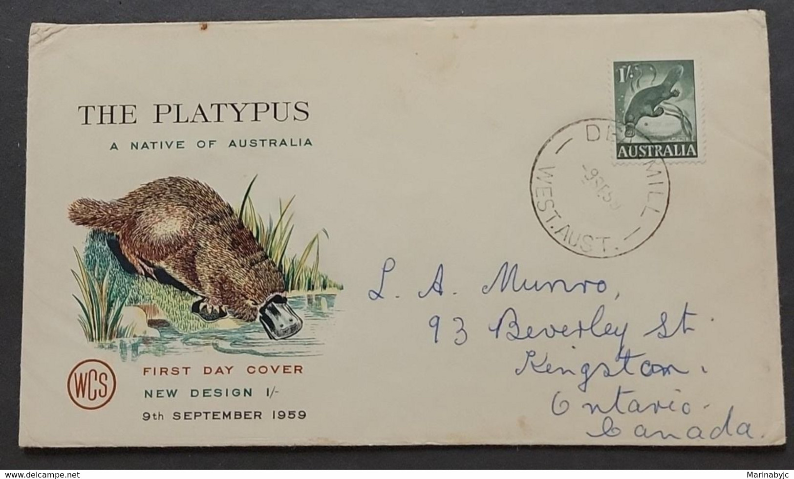 SP) 1959 AUSTRALIA, PLATYPUS NATIVE TO AUSTRALIA, ANIMAL, FDC, CIRCULATED TO CANADA, XF - Otros & Sin Clasificación