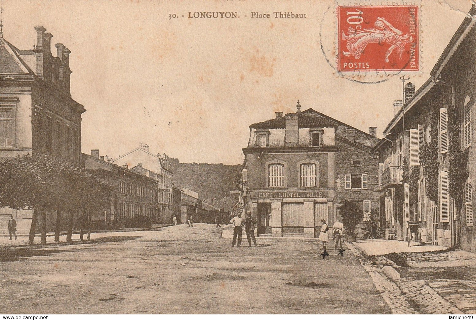 LONGUYON Place Thiébaut (café De L Hotel De Ville) Timbre 1914 Semeuse 10c -PayPal Gratuit -DELCAMPE PAY Gratuit - Etat - Longuyon
