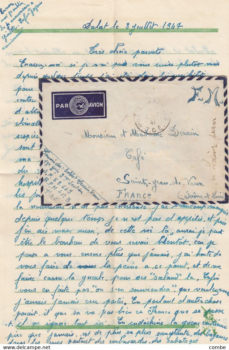 LETTRE. FM. 5 JUIL 1947. TOE. SP 59.649. BPM 402B. CORRESPONDANCE D'UN SOLDAT EN CONVALESCENCE A DALAT - Guerra D'Indocina/Vietnam