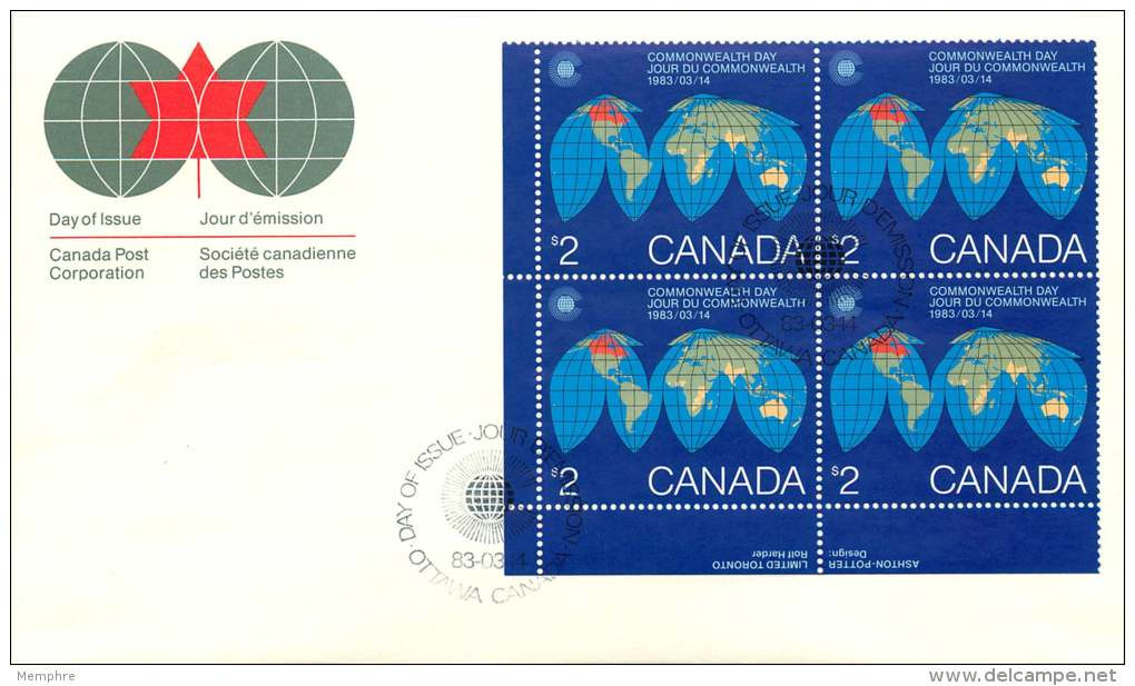 1983   Commonwealth Day   World Map   LL Plate Block  Sc 977 - 1981-1990