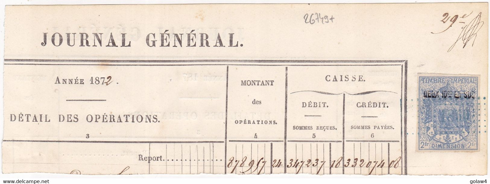 26749# TIMBRE FISCAL DIMENSION MANTEAU IMPERIAL N° 28 FRAGMENT JOURNAL GENERAL 1872 FISCAUX - Andere & Zonder Classificatie