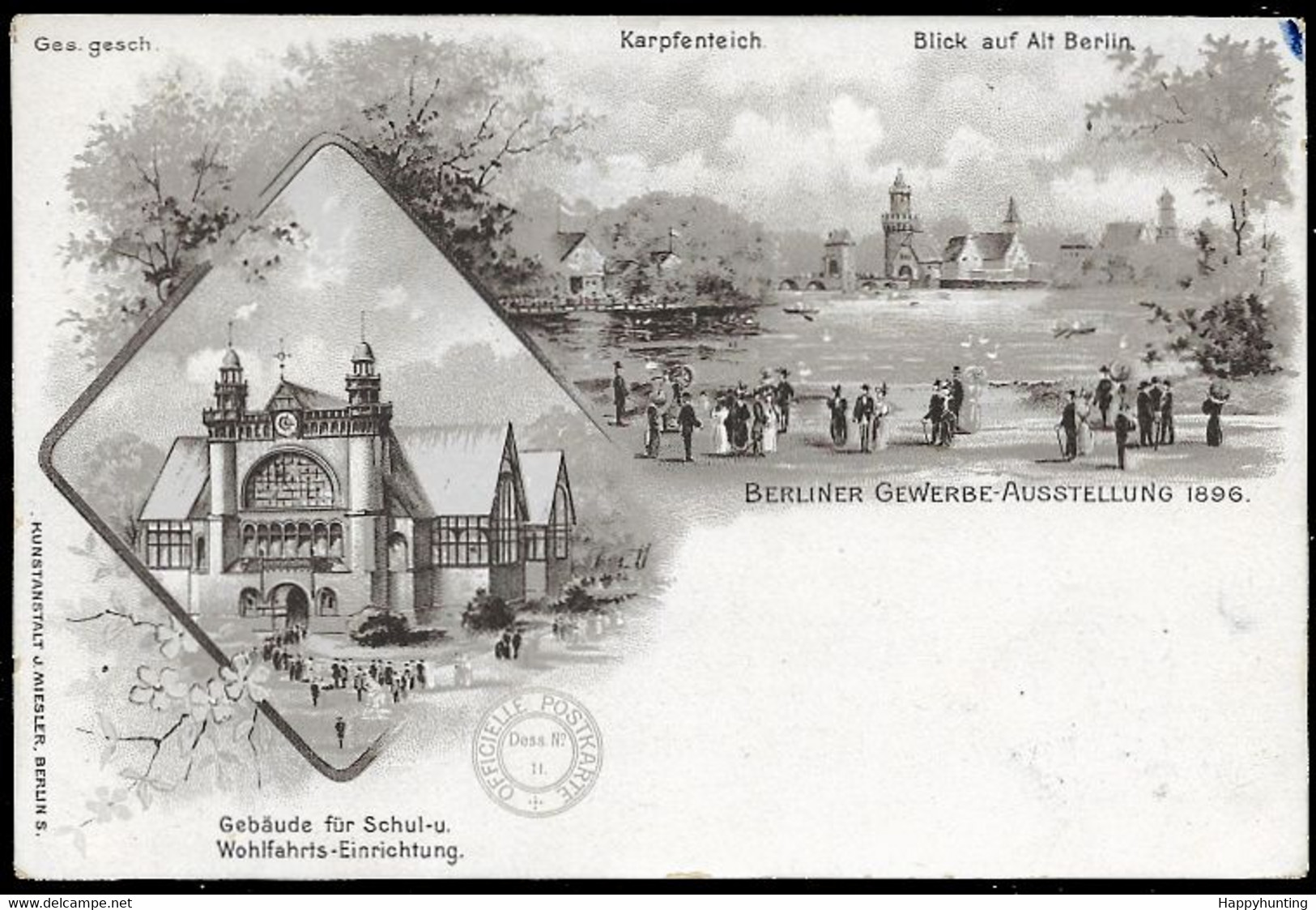 1896 LITHO AK BERLINER GEWERBE AUSSTELLUNG  - KARPFENTEICH – BLICK AUF ALT BERLIN – GEBÄUDE FÜR SCHUL & WOHLFAHRT - Treptow