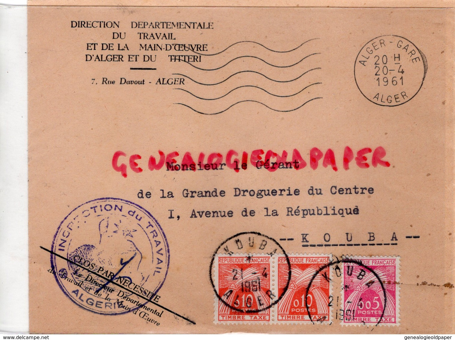 ALGERIE- RARE ENVELOPPE DIRECTION TRAVAIL  ALGER ET DU TITTERI - GRANDE DROGUERIE DU CENTRE KOUBA-1961 - Autres & Non Classés