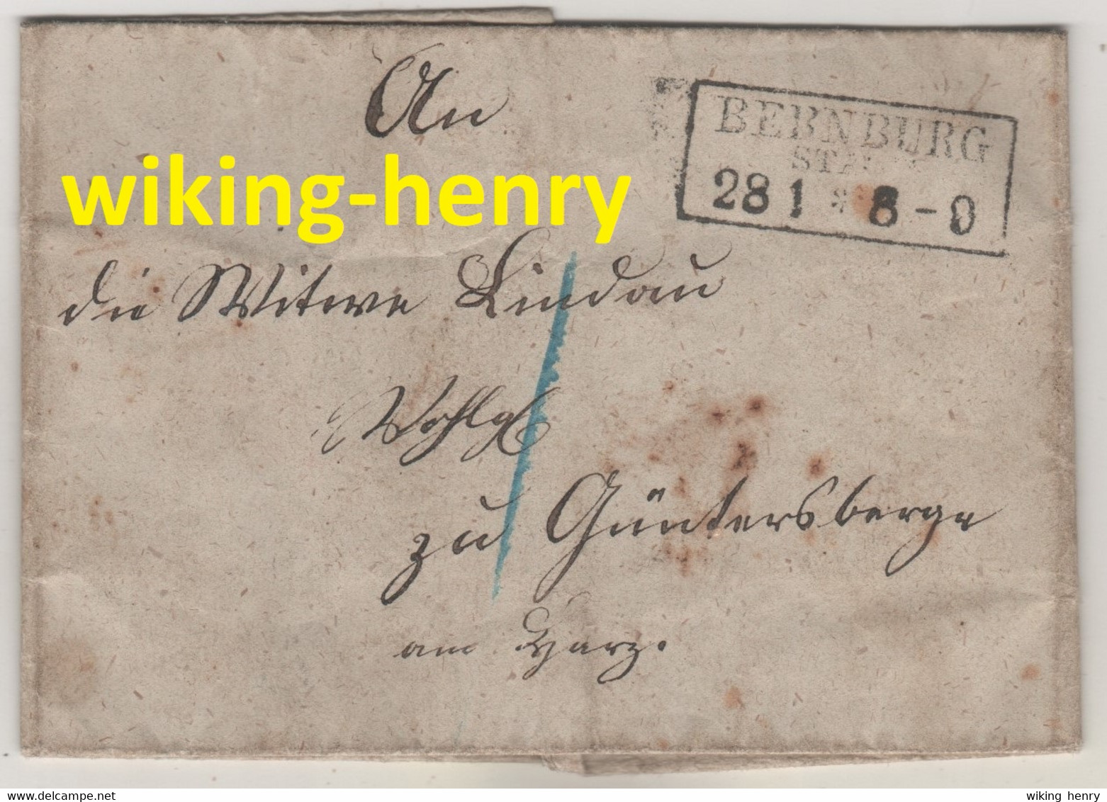 Bernburg An Der Saale - Brief Von 1858 Mit R3 Poststempel Bernburg Stadt An Witwe Lindau Wohlgeboren Zu Güntersberge - Bernburg (Saale)