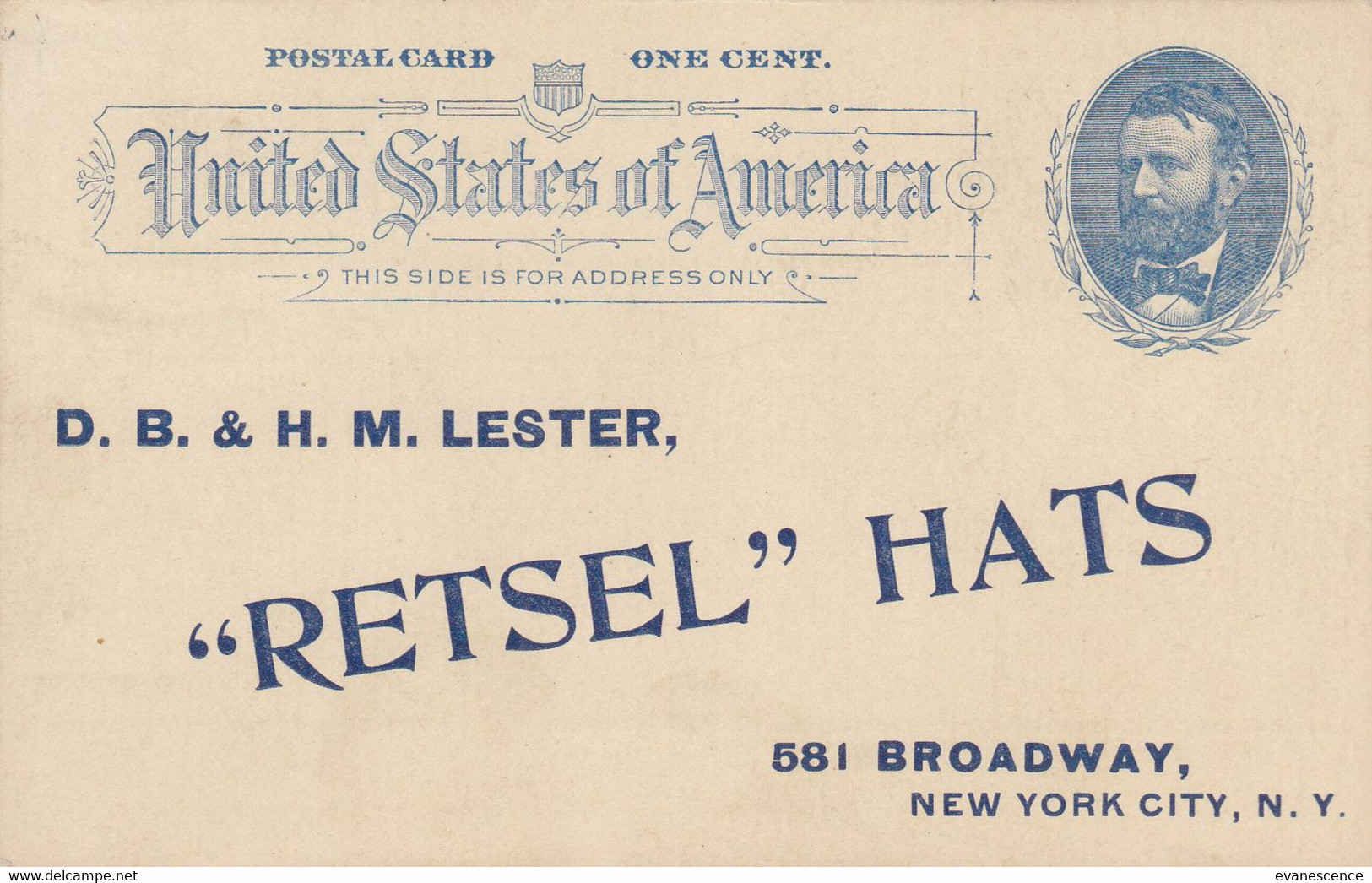 New-York : Carte De Visite : Retsel HATS : D.B. Lester : Chapelier  1890 ///  Ref. Déc. 21 /// N° 18.261 - Broadway