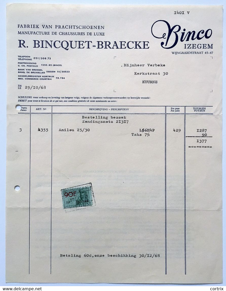 Factuur Schoenen Binco Bincquet-Braeke Izegem 1968 - Textile & Vestimentaire