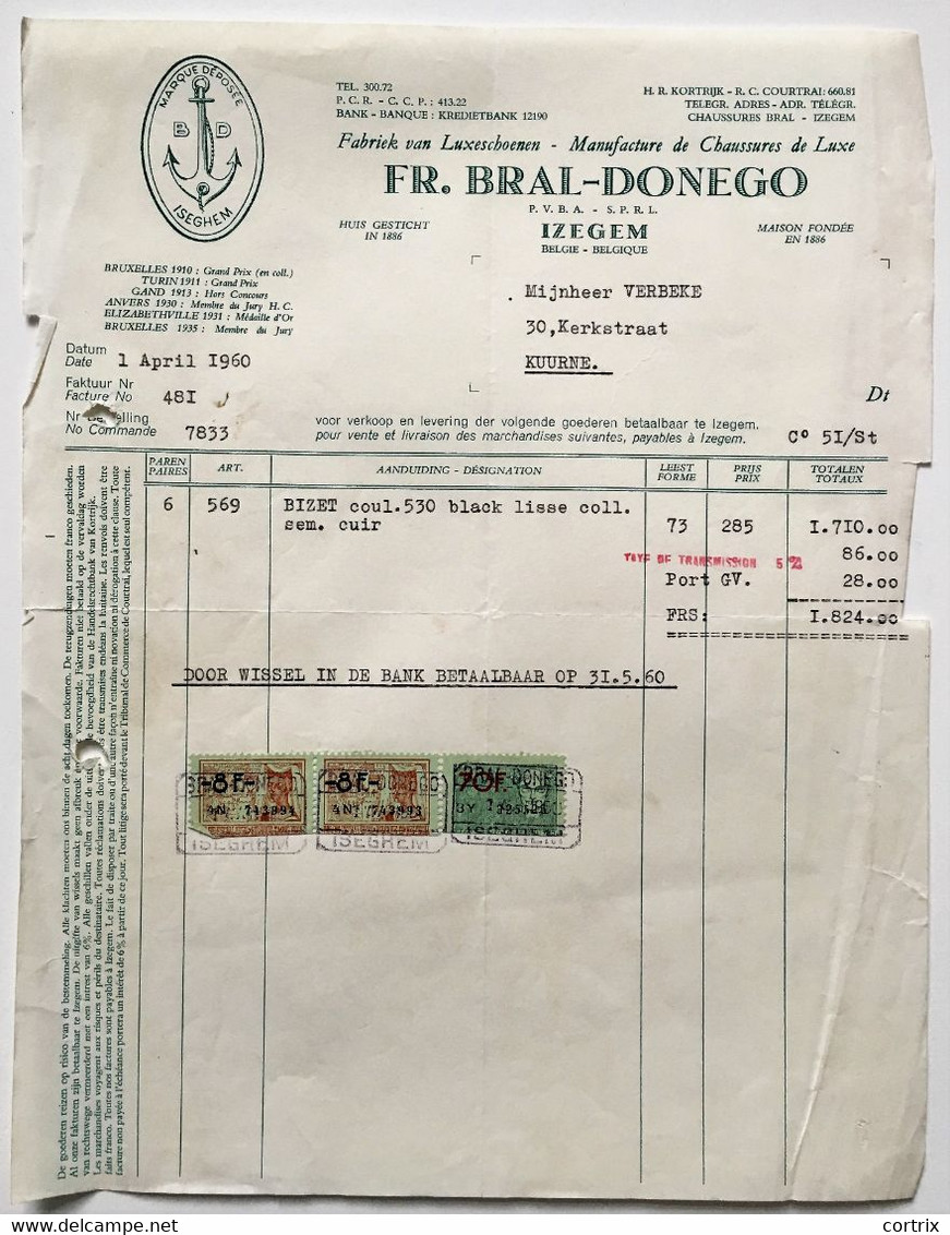 Factuur Schoenen Bral-Donego Izegem 1960 - Vestiario & Tessile