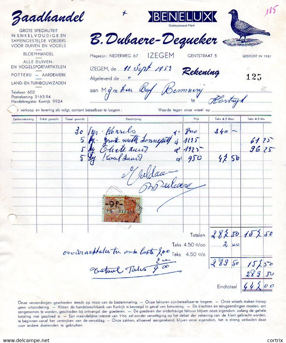 Factuur Zaadhandel Dubaere-Dequeker Izegem 1952 Duif - Landwirtschaft