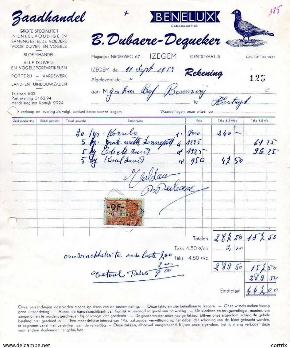 Factuur Zaadhandel Dubaere-Dequeker Izegem 1952 Duif - Agriculture