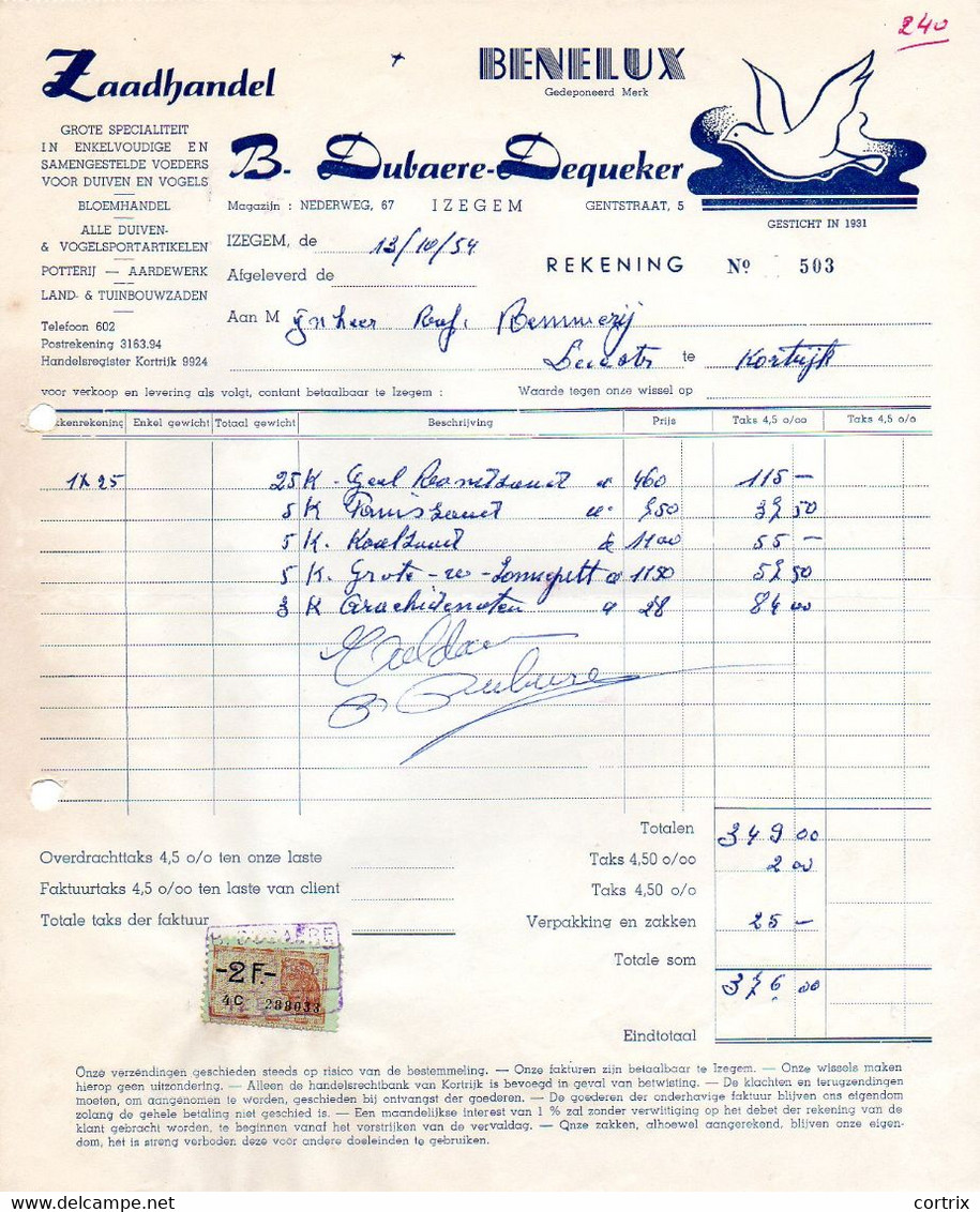 Factuur Zaadhandel Dubaere-Dequeker Izegem 1954 Duif - Agriculture