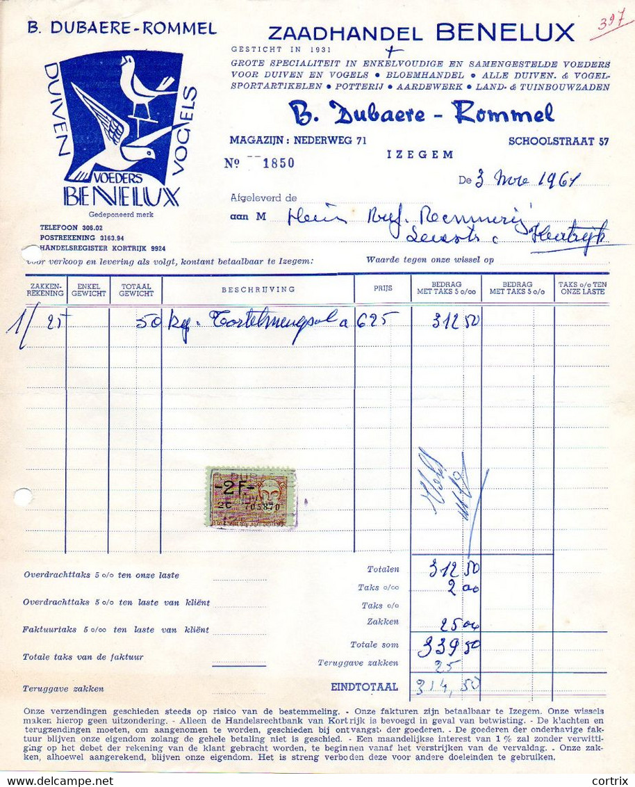 Factuur Zaadhandel Dubaere-Rommel Izegem 1964 Duif - Agriculture