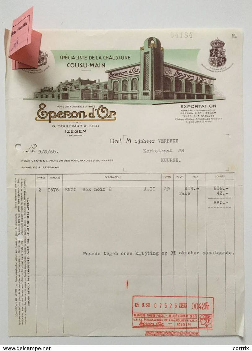 Factuur Schoenen Eperon D'Or Izegem 1960 - Vestiario & Tessile