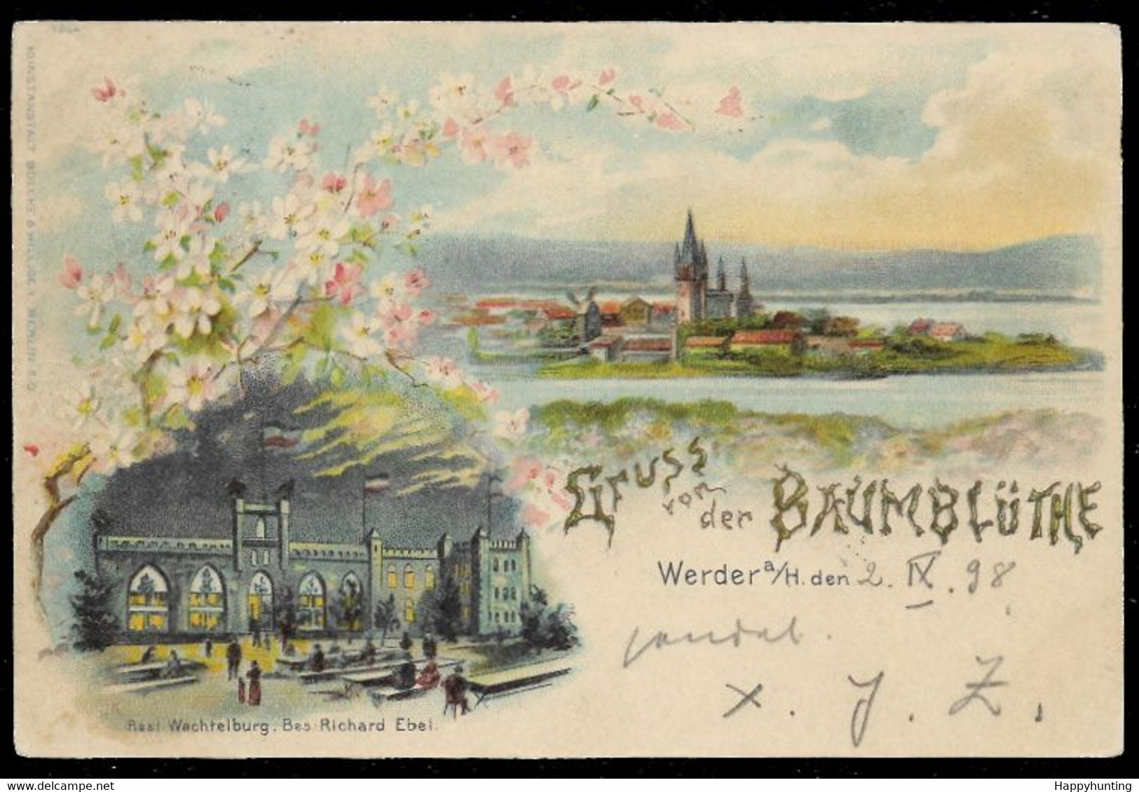 1898 LITHO AK GRUSS VON DER BAUMBLÜTHE, WERDER A.Havel DORFANSICHT UND RESTAURANT, GELAUFEN - Werder