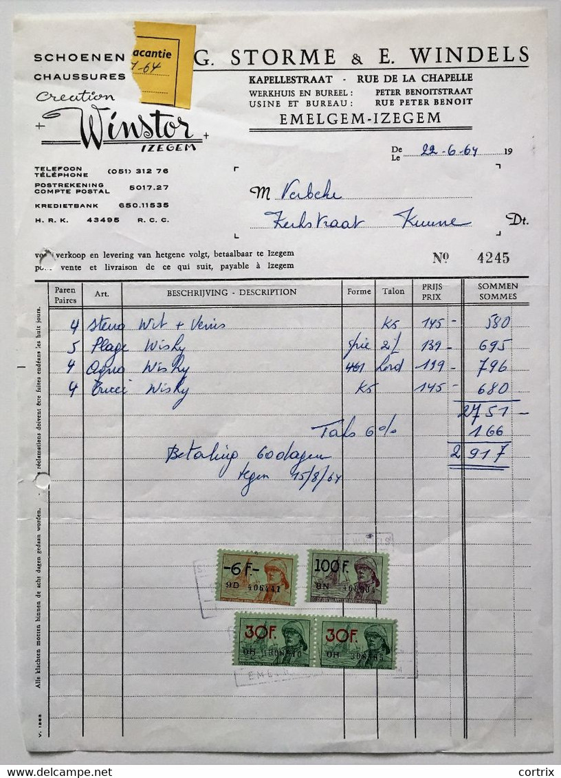 Factuur Schoenen Winstor Storme-Windels Izegem 1964 (02) - Vestiario & Tessile