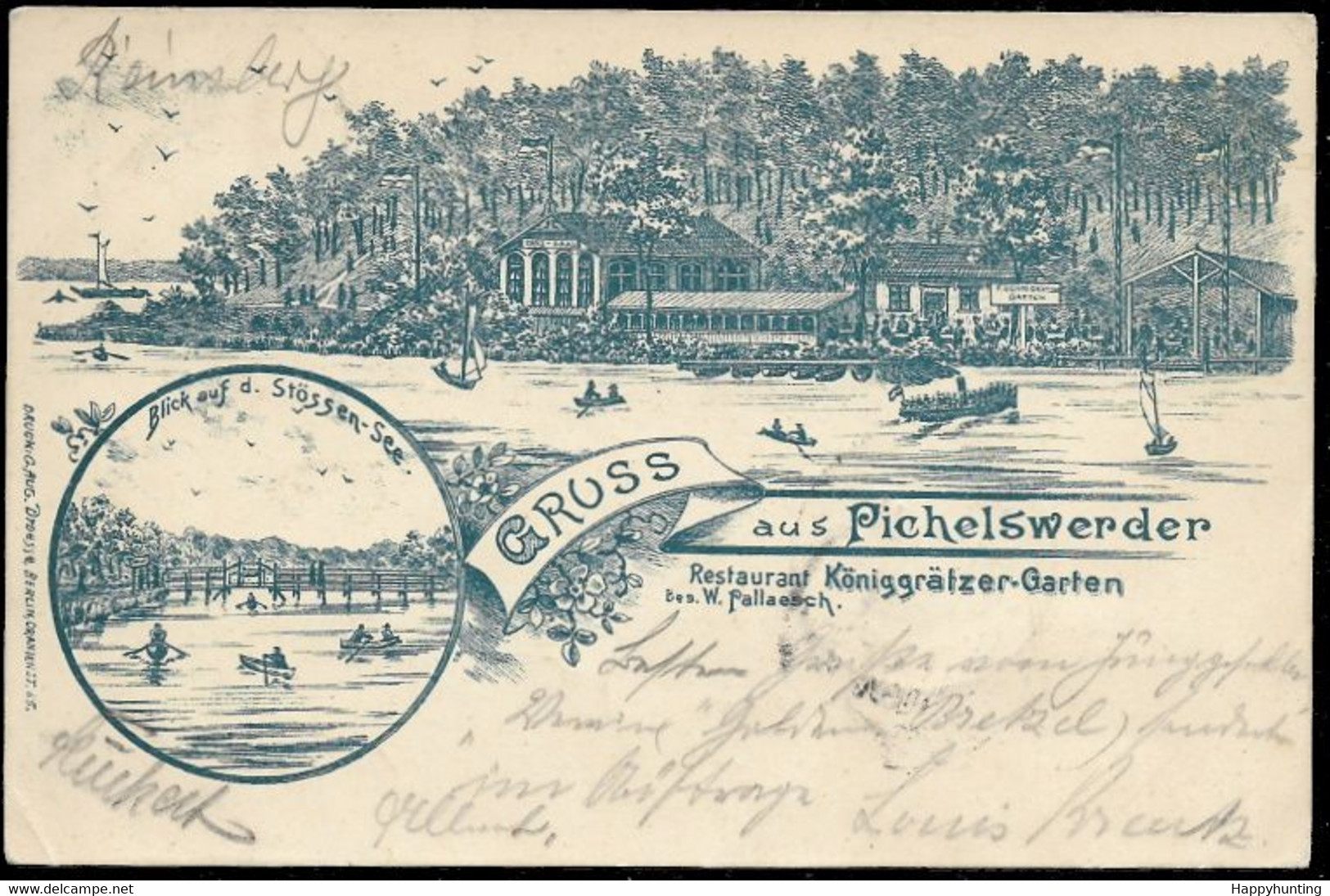 1898 LITHO AK – GRUSS AUS PICHELSWERDER – RESTAURANT KÖNIGGRÄTZER GARTEN – BLICK A.d STÖSSEN SEE Gelaufen - Spandau