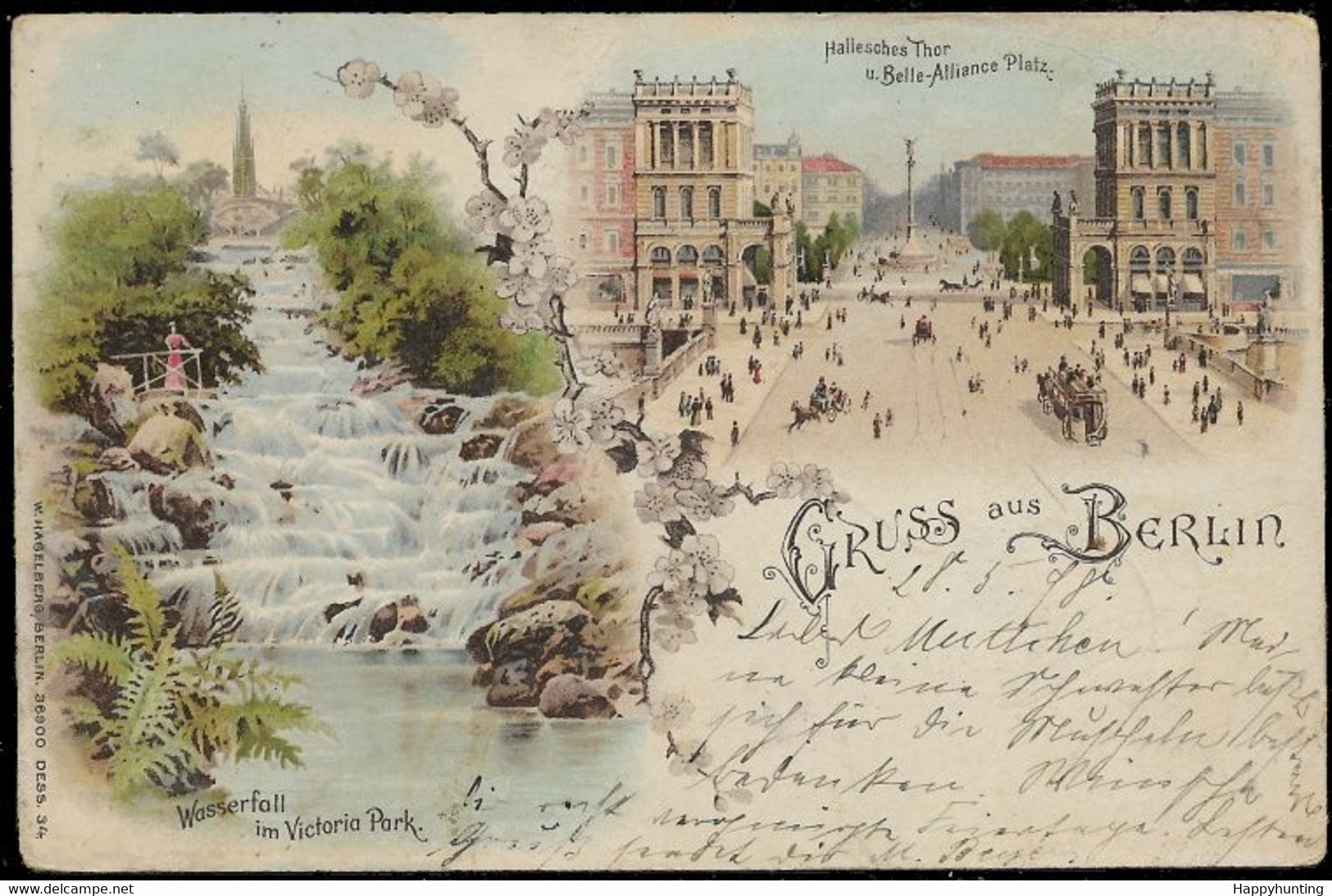 1898 LITHO AK – GRUSS AUS BERLIN – HALLESCHES THOR U. BELLE ALLIANCE PLATZ – WASSERFALL VICTORIA PARK - Gelaufen - Kreuzberg