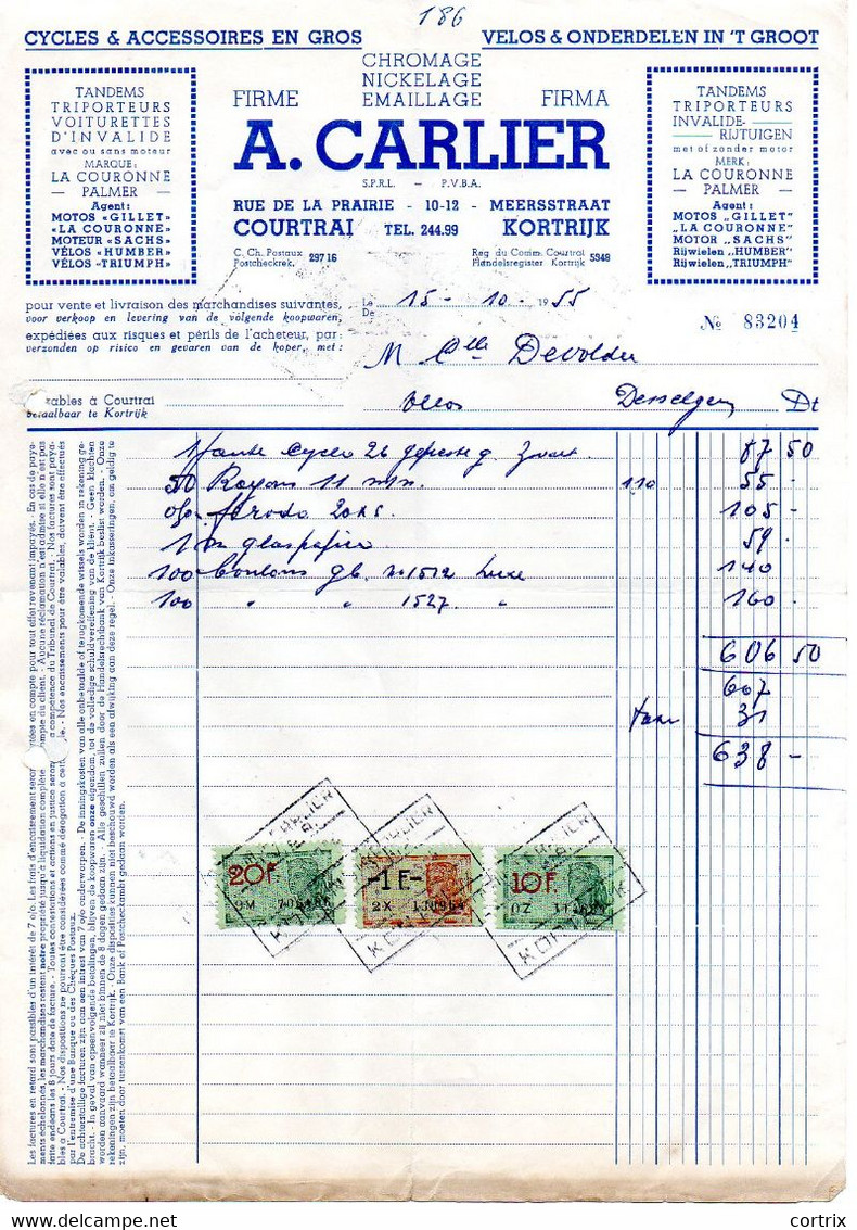 Factuur Velos Carlier Kortrijk 1955 - Verkehr & Transport