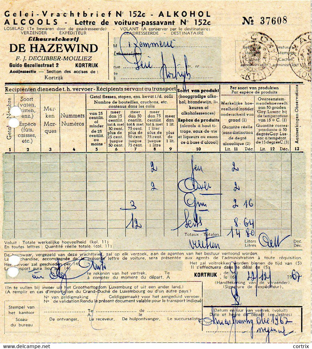 Vrachtbrief Likeurstokerij Alcools De Hazewind Mouliez Kortrijk 1967 - Levensmiddelen