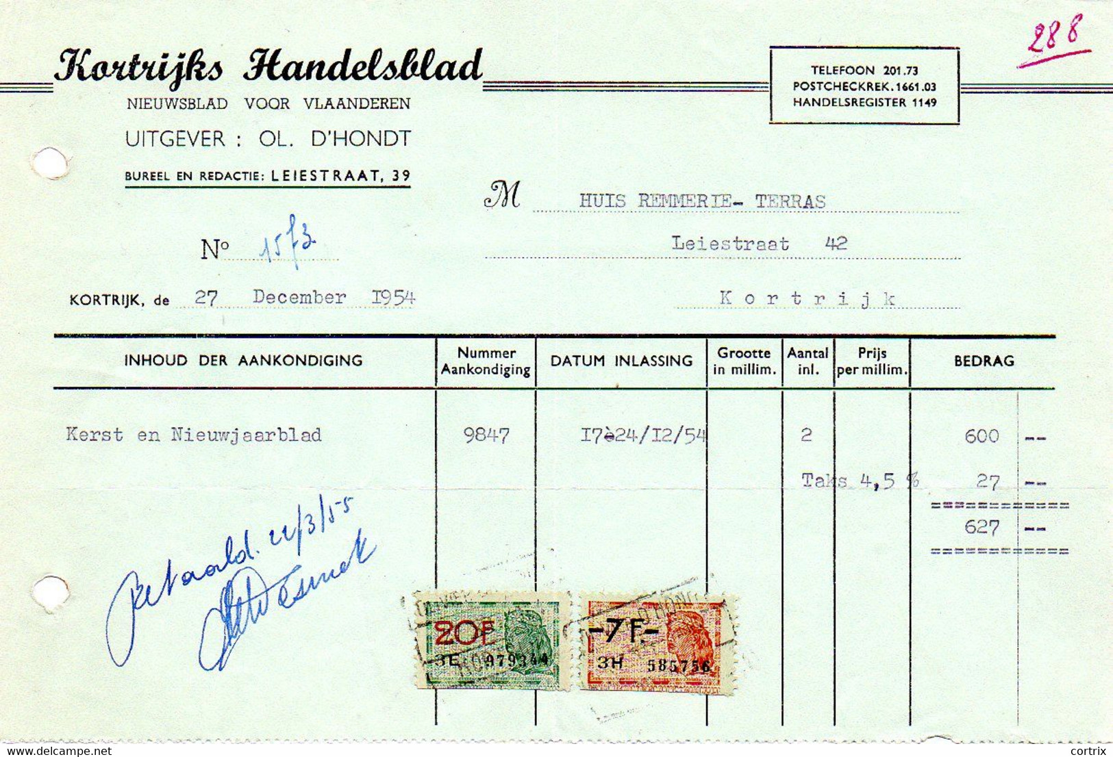 Factuur Kortrijks Handelsblad Kortrijk 1954 - Imprimerie & Papeterie