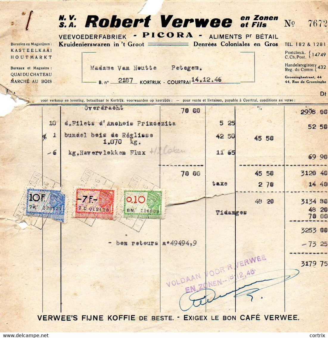 Factuur Verwee Picora Kortrijk 1946 - Levensmiddelen