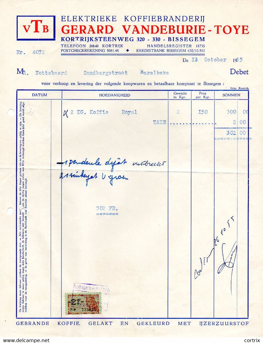 Factuur Koffiebranderij VTB Vandeburie-Toye Kortrijk 1955 - Alimentos