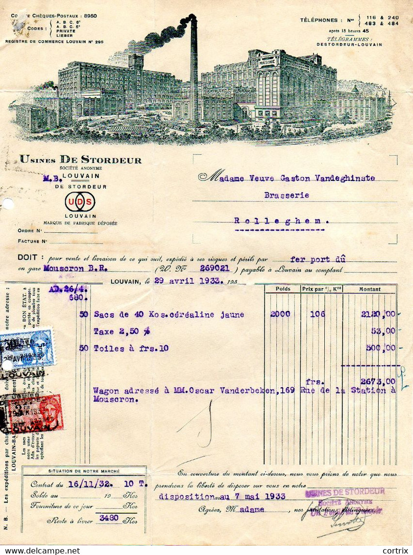 Factuur Maïserie De Stordeur Leuven 1933 Aan Brouwerij Vandeghinste Kortrijk Rollegem - Food