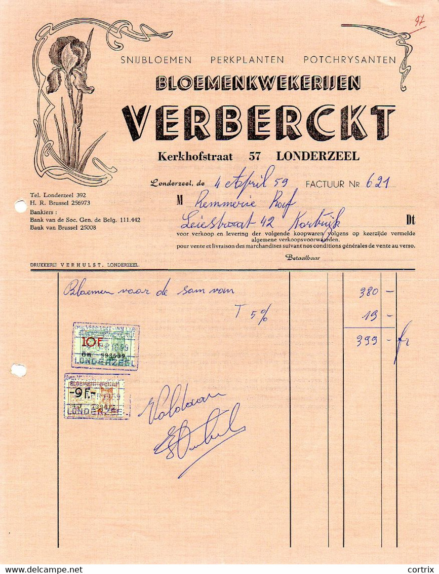 Factuur Bloemenkwekerij Verberckt Londerzeel 1959 - Landwirtschaft