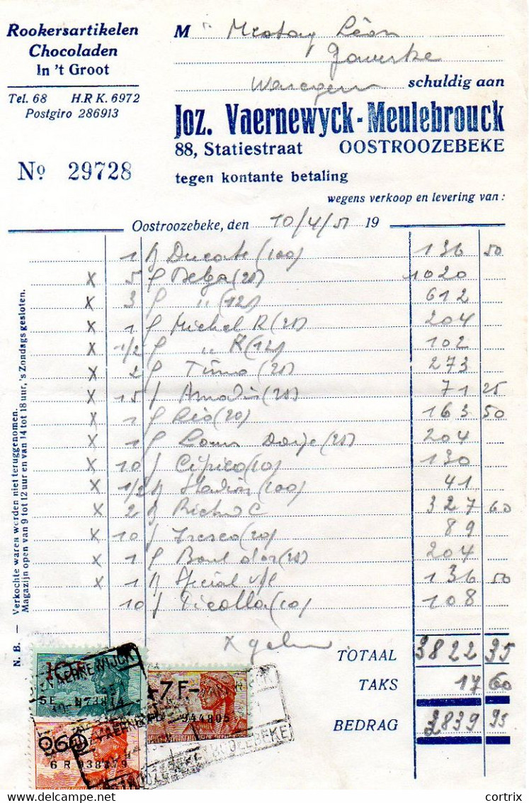 Factuur Vaernewyck-Meulebrouck Oostrozebeke 1951 - Food