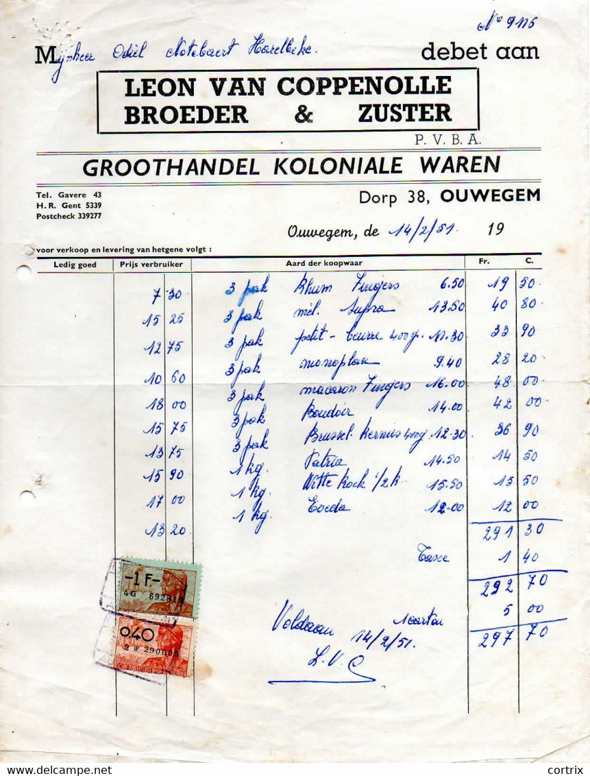 Factuur Van Coppenolle Ouwegem 1951 - Food