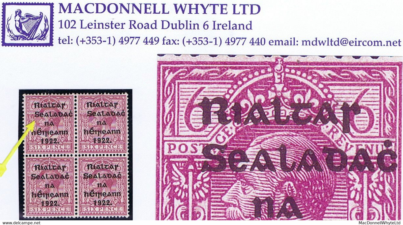 Ireland Thom Rialtas (Feb) Overprint On 6d Purple Variety 'R Over S' Twice In A Block Of 4 Fresh Mint - Ungebraucht