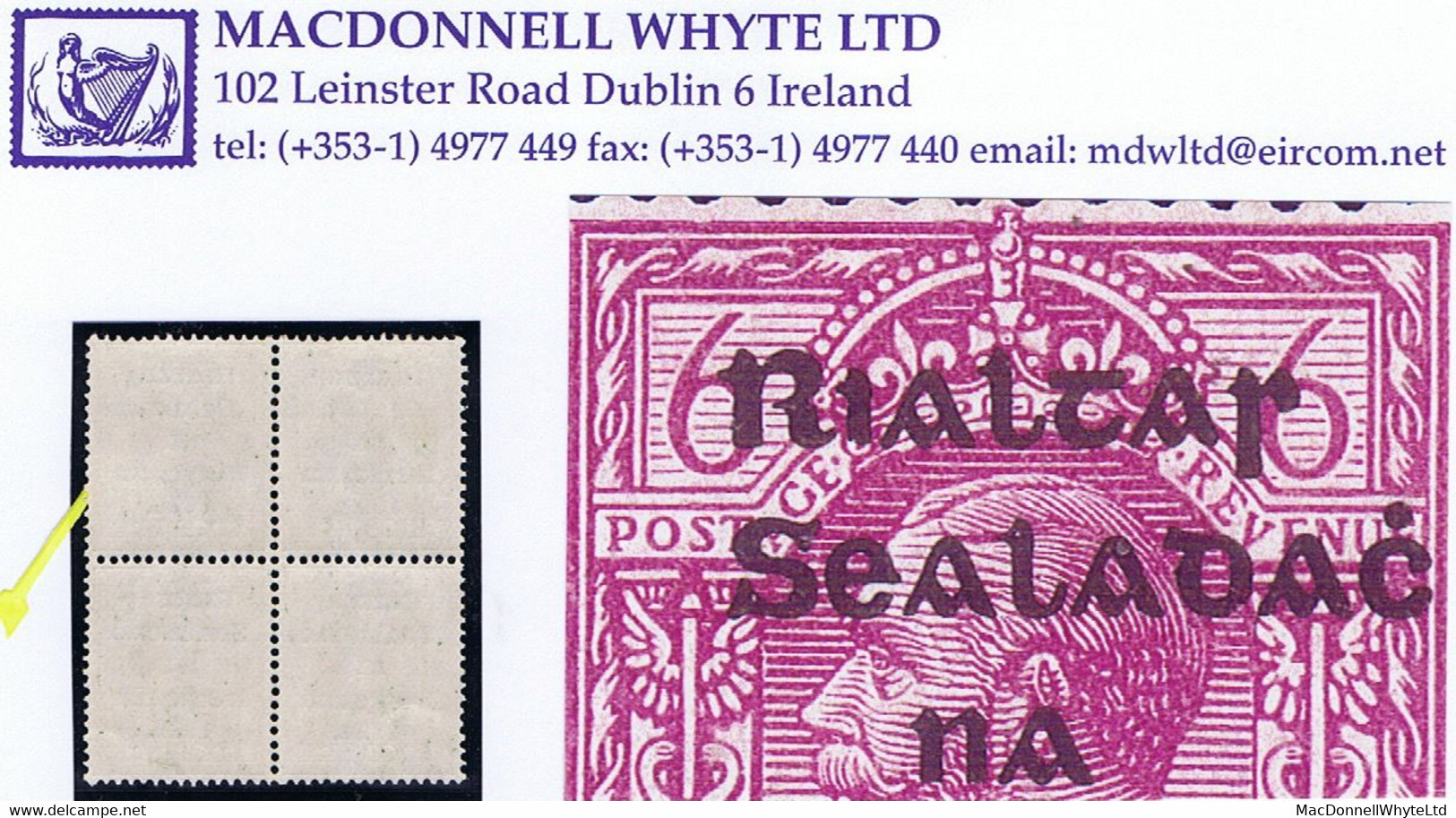 Ireland Thom Rialtas (Feb) Overprint On 6d Purple Variety 'R Over S' Twice In A Block Of 4 Fresh Mint - Ungebraucht