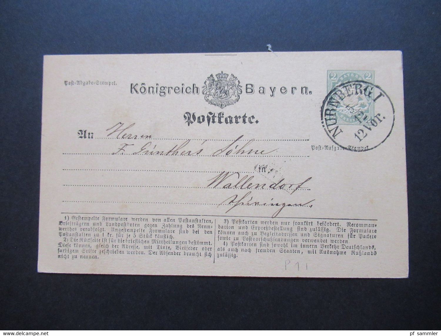 AD Bayern 1873 Ganzsache P1 Mit Trennungsmarkierung Oben! Stempel K1 Würzburg I Nach Wallendorf - Enteros Postales