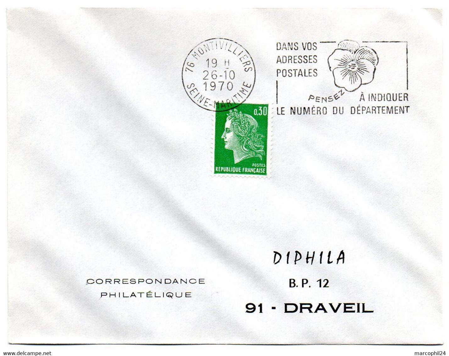 SEINE MARITIME Dépt N° 76 = MONTIVILLIERS 1970 = FLAMME à DROITE SUPERBE =  SECAP  ' PENSEZ + CODIFIEZ' = Pensée N° 2 - Codice Postale