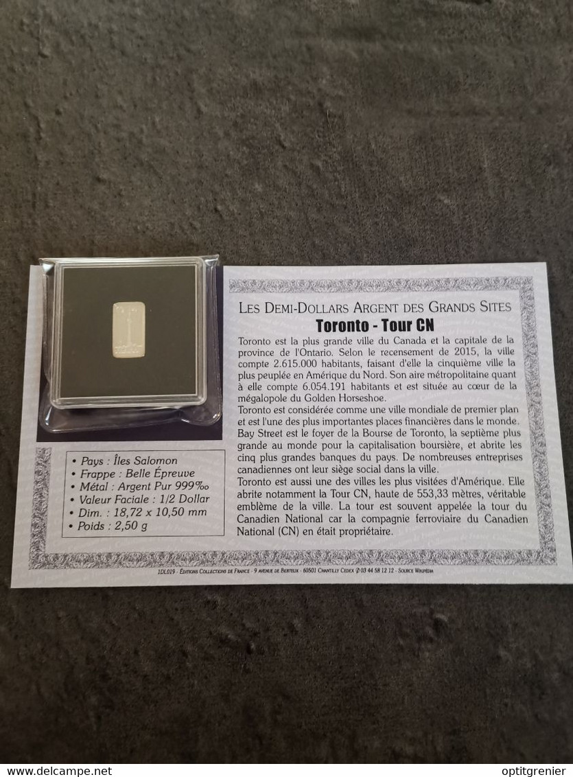 1/2 DOLLAR LINGOT ARGENT 2,5 G / ILE SALOMON / TORONTO TOUR CN / CERTIFICAT - Isole Salomon