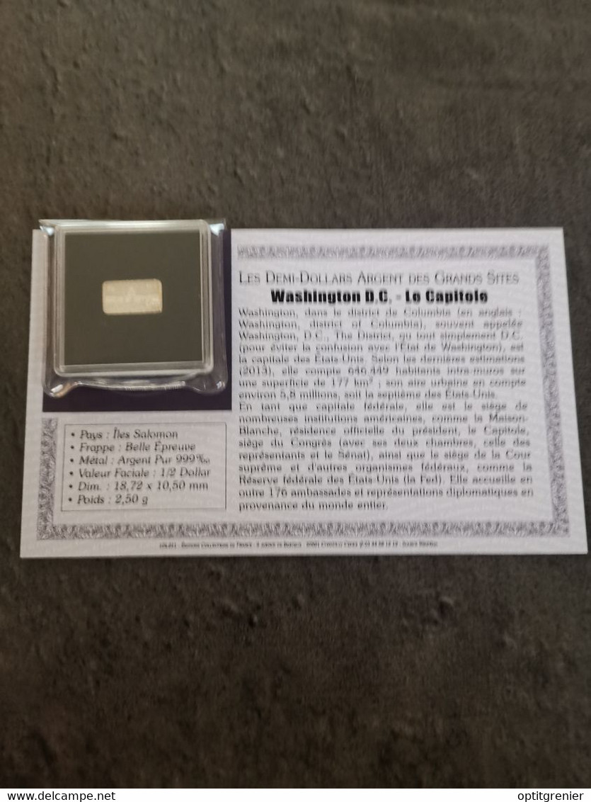 1/2 DOLLAR LINGOT ARGENT 2,5 G / ILE SALOMON / WASHINGTON DC LE CAPITOLE / CERTIFICAT - Salomon