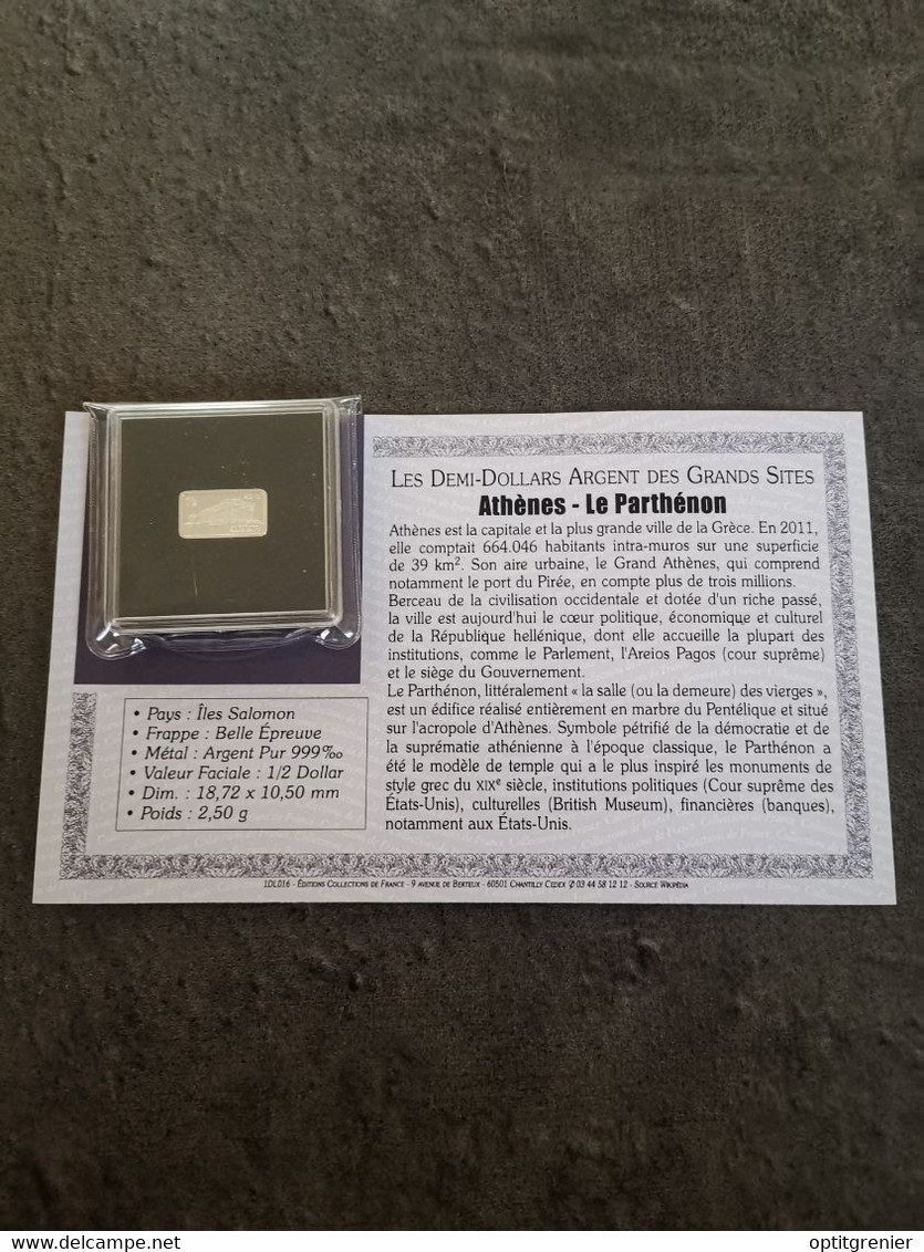 1/2 DOLLAR LINGOT ARGENT 2,5 G / ILE SALOMON / ATHENES LE PARTHENON / CERTIFICAT - Salomonen